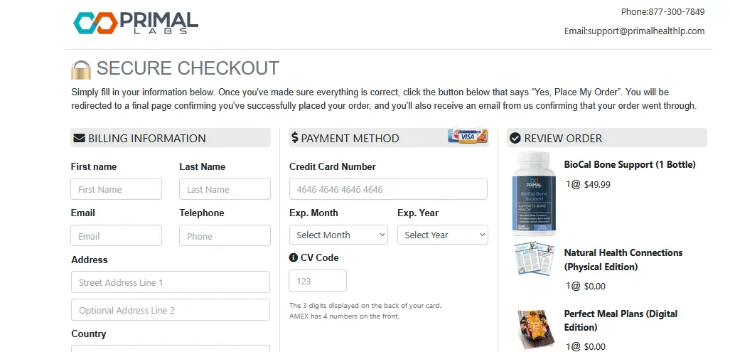 BioCal Bone Support Billing Page